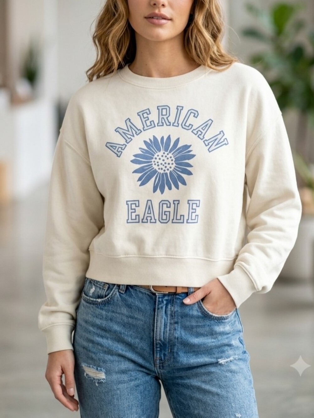 American Eagle Women's Sunflower Graphic Crewneck Sweatshirt Cream Sz XS Retro